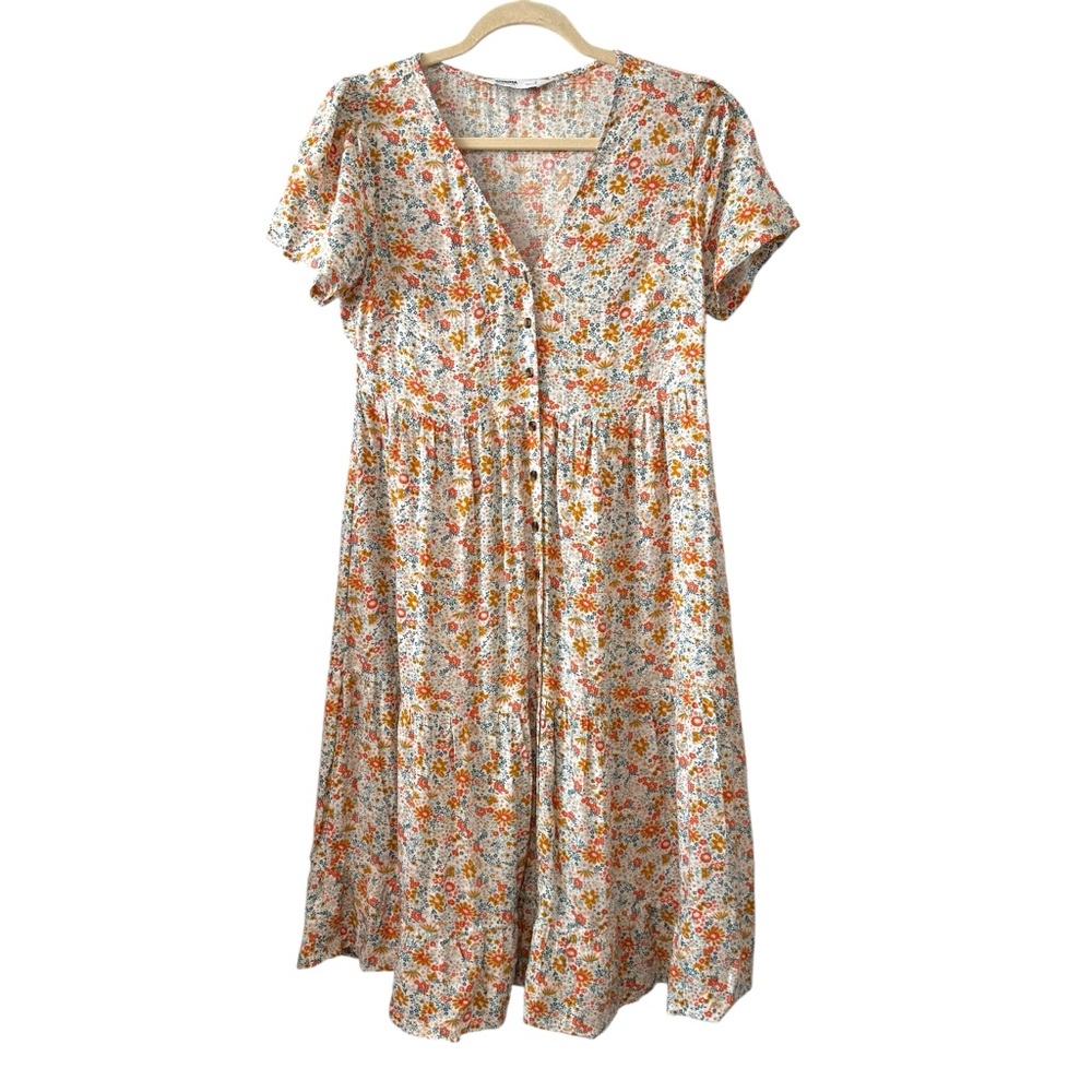 Sonoma Small Button Front Floral V-Neck Orange Yellow Blue Short Sleeve Dress